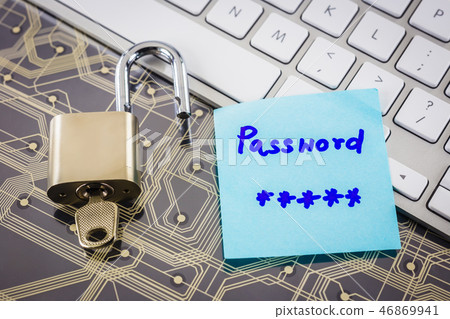 Padlock, password note on circuit board, keyboard. Padlock, password note on circuit board, keyboard. 46869941