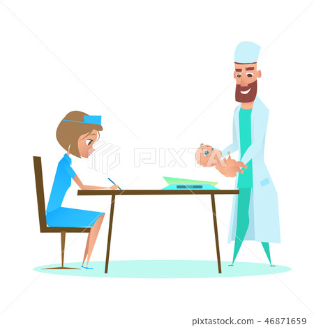 Pediatrician Doctor Weighing Infant. Flat Cartoon. Pediatrician Doctor Weighing Infant. Flat Cartoon. 46871659