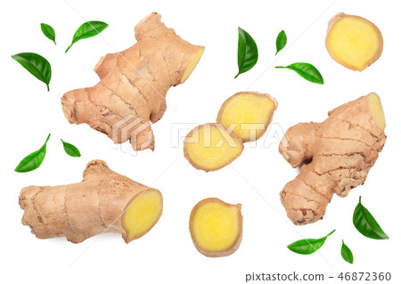 fresh Ginger root and slice isolated on white background. Top view. Flat lay fresh Ginger root and slice isolated on white background. Top view. Flat lay 46872360