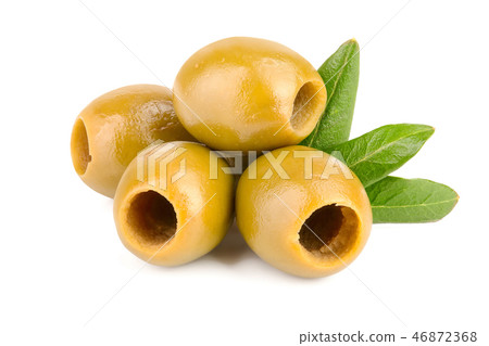 Green olives with leaves isolated on a white background Green olives with leaves isolated on a white background 46872368