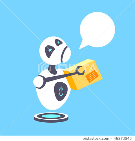 tired courier robot holding cardboard parcel box delivery service artificial intelligence robotic 46873843