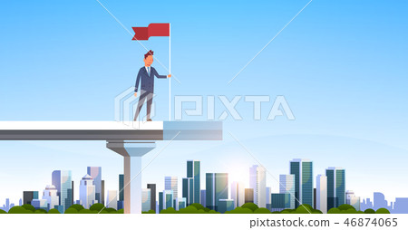 businessman holding red flag standing edge unfinished bridge successful business man achievement 46874065