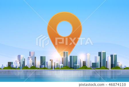 geolocation pin geo tag icon destination navigation position concept over big modern city building 46874110