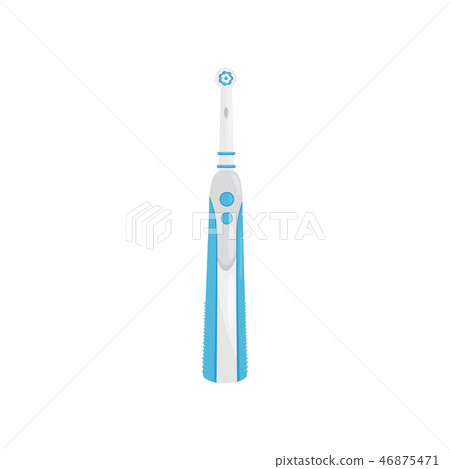 White-blue electric toothbrush with round head and two buttons. Modern device for cleaning teeth White-blue electric toothbrush with round head and two buttons. Modern device for cleaning teeth 46875471