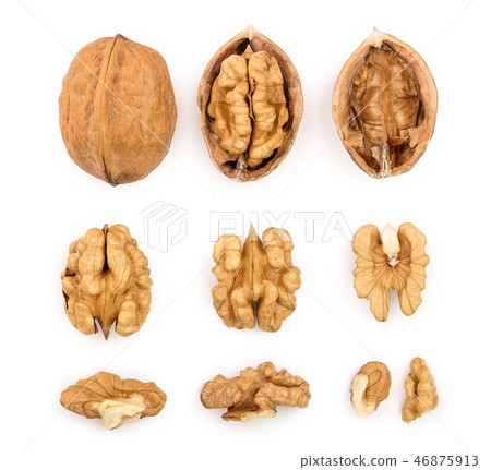 Walnuts isolated on white background. Top view. Flat lay. Set or collection Walnuts isolated on white background. Top view. Flat lay. Set or collection 46875913