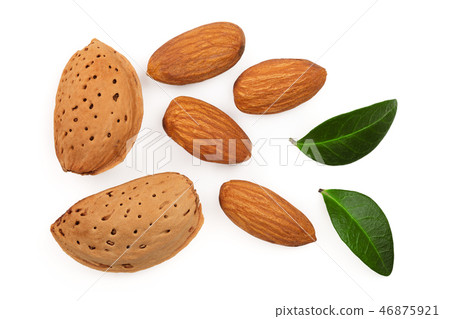 almonds with leaves isolated on white background. Flat lay pattern. Top view 46875921