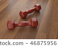3d rendering dumbbell on the wooden floor, closeup, for fitness or weight related themes 46875956