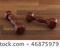 3d rendering dumbbell on the wooden floor, closeup, for fitness or weight related themes 46875979