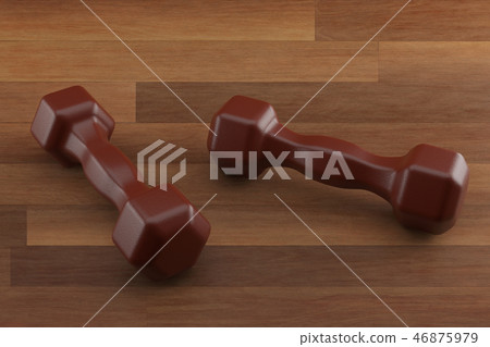 3d rendering dumbbell on the wooden floor, closeup, for fitness or weight related themes 3d rendering dumbbell on the wooden floor, closeup, for fitness or weight related themes 46875979