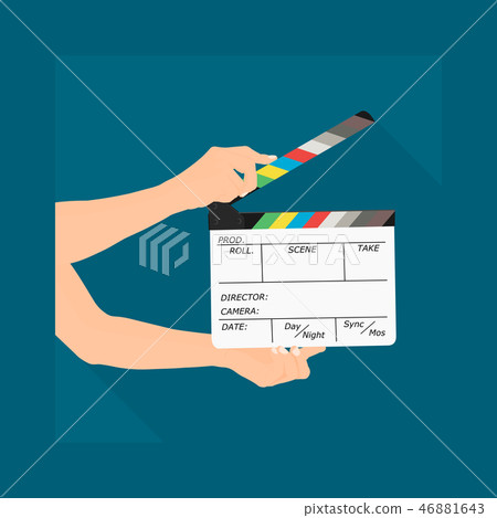 hand holding a film clapboard slate or movie. hand holding a film clapboard slate or movie. 46881643