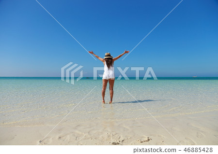 後面觀點的跳躍在美麗的海的婦女 後面觀點的跳躍在美麗的海的婦女 46885428