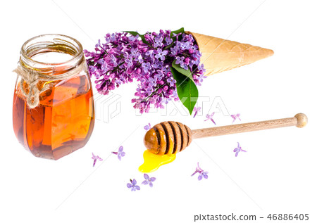 Organic honey in glass jar, purple lilac Organic honey in glass jar, purple lilac 46886405