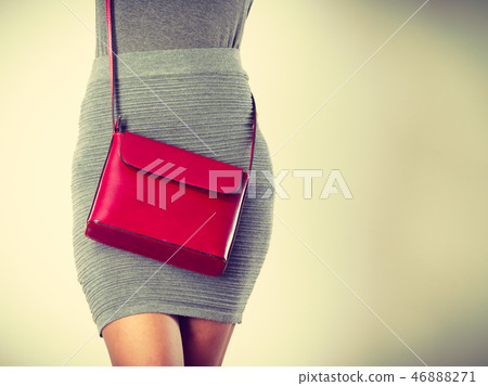Slim girl in gray skirt with red handbag Slim girl in gray skirt with red handbag 46888271