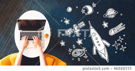 Dream of space and rocket with person using a laptop Dream of space and rocket with person using a laptop 46888555