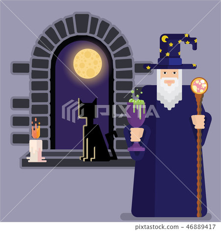 Pixel mage with  bowl and staff and night window 46889417