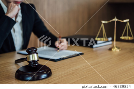 Judge gavel with Justice lawyers, Businesswoman in suit or lawye Judge gavel with Justice lawyers, Businesswoman in suit or lawye 46889834