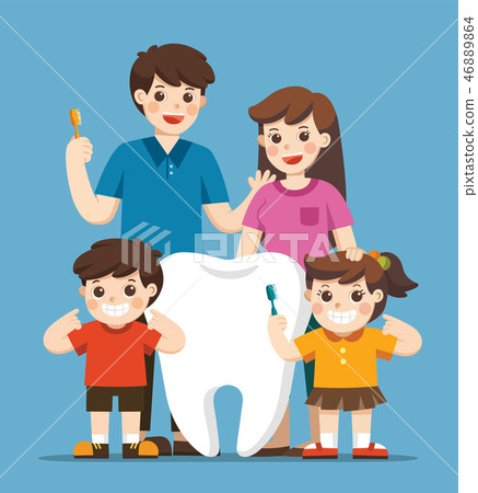 Kids and parents standing next to big white tooth. 46889864