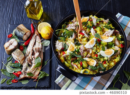 Kedgeree with flaked hot smoked fish, closeup Kedgeree with flaked hot smoked fish, closeup 46890310