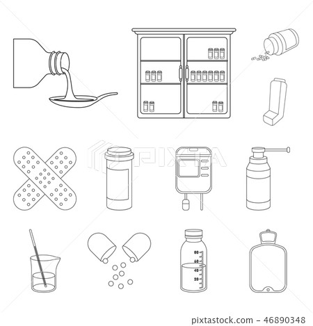 Medicine and treatment outline icons in set collection for design. Medicine and equipment vector Medicine and treatment outline icons in set collection for design. Medicine and equipment vector 46890348