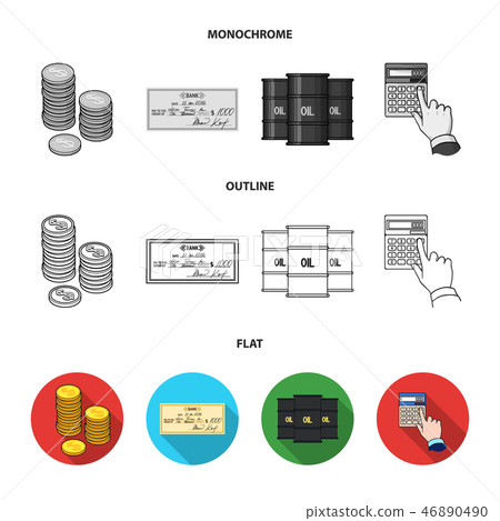 A stack of coins, a bank check, a calculator, black gold. Money and finance set collection icons in 46890490