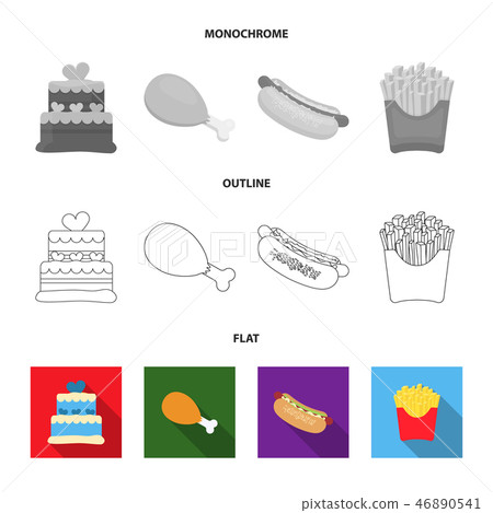 Cake, ham, hot dog, French fries.Fast food set collection icons in flat,outline,monochrome style 46890541