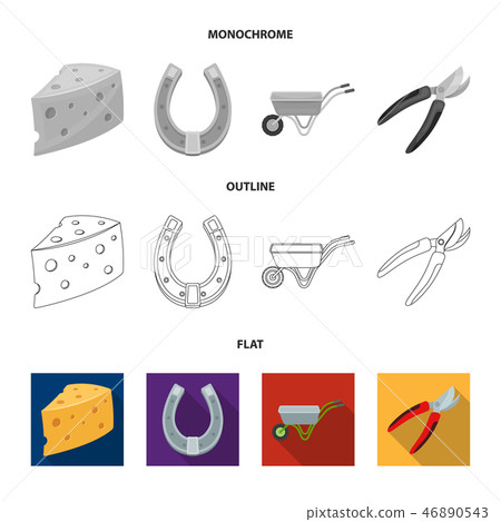 Cheese with holes, a trolley for agricultural work, a horseshoe made of metal, a pruner for cutting Cheese with holes, a trolley for agricultural work, a horseshoe made of metal, a pruner for cutting 46890543