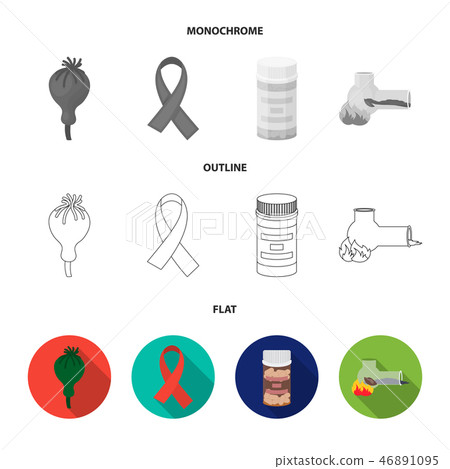 AIDS tape, tablets, opium poppy, a tube for hashish.Drug set collection icons in flat,outline AIDS tape, tablets, opium poppy, a tube for hashish.Drug set collection icons in flat,outline 46891095