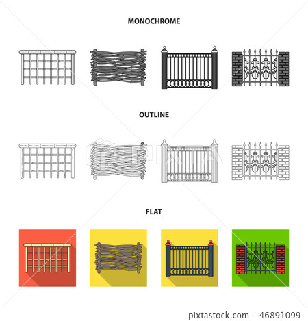A fence of metal and bricks,wooden palisade. A different fence set collection icons in flat,outline 46891099