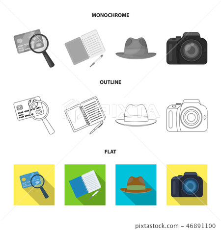 Camera, magnifier, hat, notebook with pen.Detective set collection icons in flat,outline,monochrome 46891100