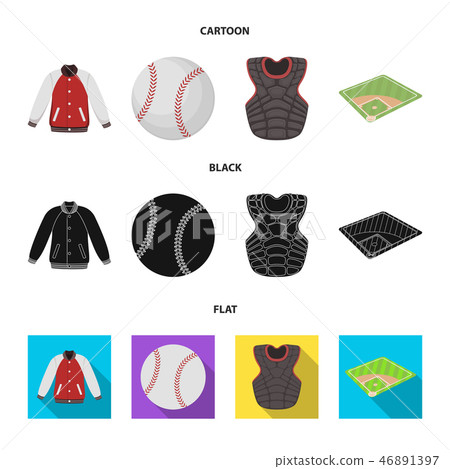 Playground, jacket, ball, protective vest. Baseball set collection icons in cartoon,black,flat style Playground, jacket, ball, protective vest. Baseball set collection icons in cartoon,black,flat style 46891397