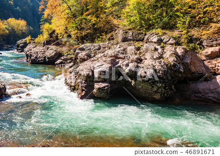 Fall landscape with mountain river and forest 46891671