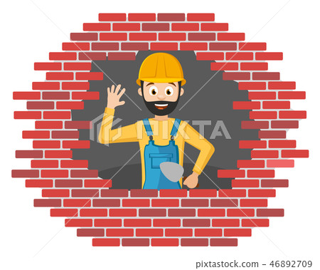 The Builder in a helmet builds a brick wall on a The Builder in a helmet builds a brick wall on a 46892709
