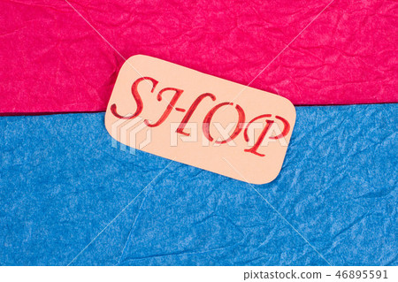 Card with inscription shop on colored background. 46895591