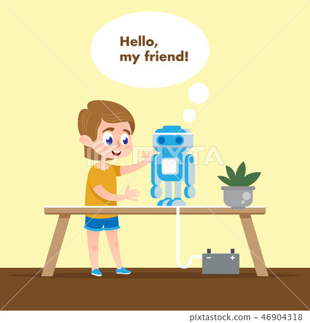 Smart Kid with Talking Robot Model. Flat Cartoon Smart Kid with Talking Robot Model. Flat Cartoon 46904318