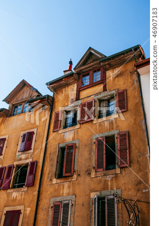 Colourful rustic old buildings in Vevey, Swiss 46907183