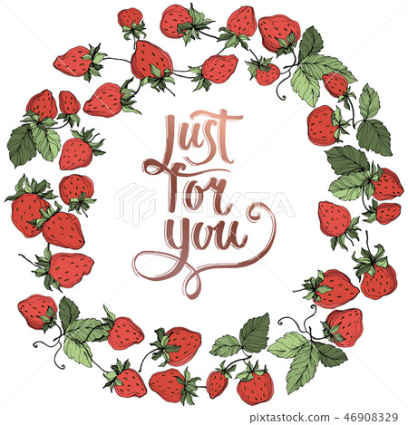 Vector Strawberry fruits. Green leaf. Red and green engraved ink art. Frame border ornament square. Vector Strawberry fruits. Green leaf. Red and green engraved ink art. Frame border ornament square. 46908329