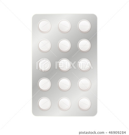 A lot of white round medicine pills in blister on white 46909284