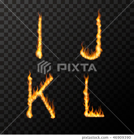 Bright realistic fire flames in I J K L letters shape, hot font concept on transparent 46909390