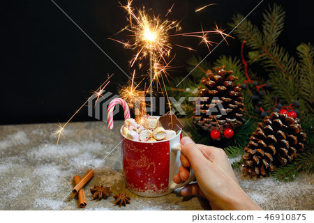 Hot chocolate with mini marshmallow and cinnamon 46910875