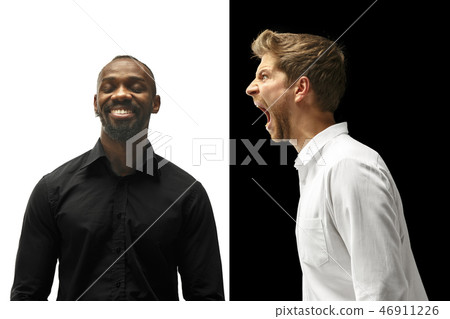 The screaming afro and caucasian men. Mixed couple. Human facial emotions concept. 46911226