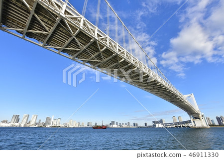 在東京灣的彩虹橋和Odaiba大廈 在東京灣的彩虹橋和Odaiba大廈 46911330