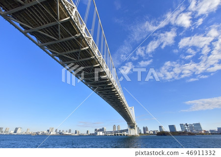 在東京灣的彩虹橋和Odaiba大廈 在東京灣的彩虹橋和Odaiba大廈 46911332