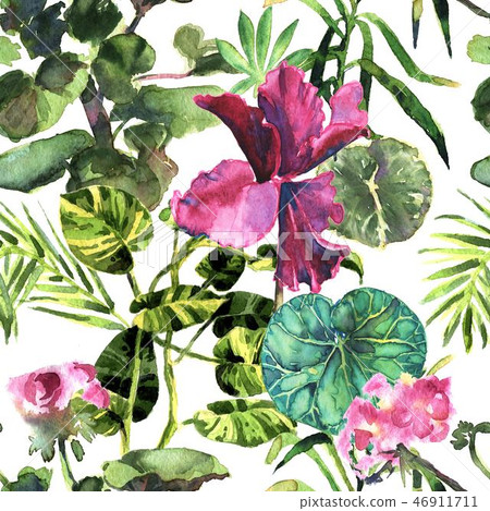 Seamless tropical flower, plant and leaf... - Stock Illustration ...