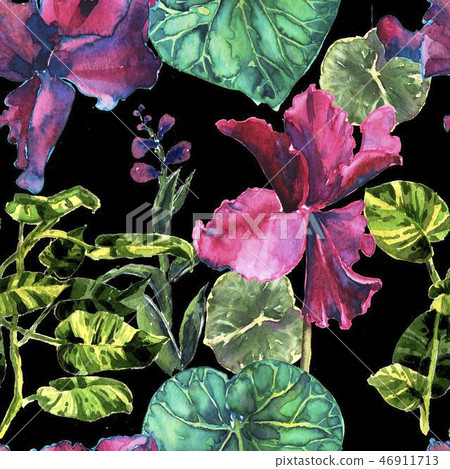 Seamless tropical flower, plant and leaf... - Stock Illustration ...