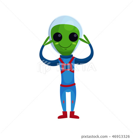 Smiling green alien with big eyes wearing blue space suit standing with his arms raised, alien Smiling green alien with big eyes wearing blue space suit standing with his arms raised, alien 46913326