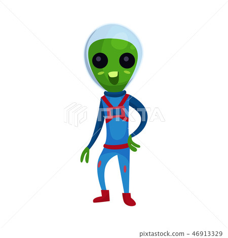 Friendly green alien with big eyes wearing blue space suit, alien positive character cartoon vector 46913329
