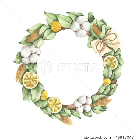 Leaves wreath with ribbon. Watercolor illustration Leaves wreath with ribbon. Watercolor illustration 46913848