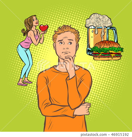插图素材: man chooses between woman and beer