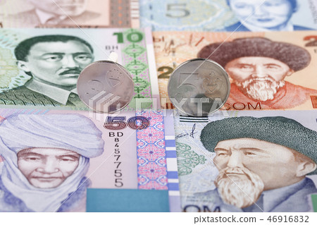 Kyrgyz Som coins on the background of old banknote 46916832