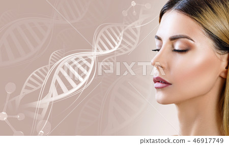 Portrait of sensual woman among DNA chains. Portrait of sensual woman among DNA chains. 46917749